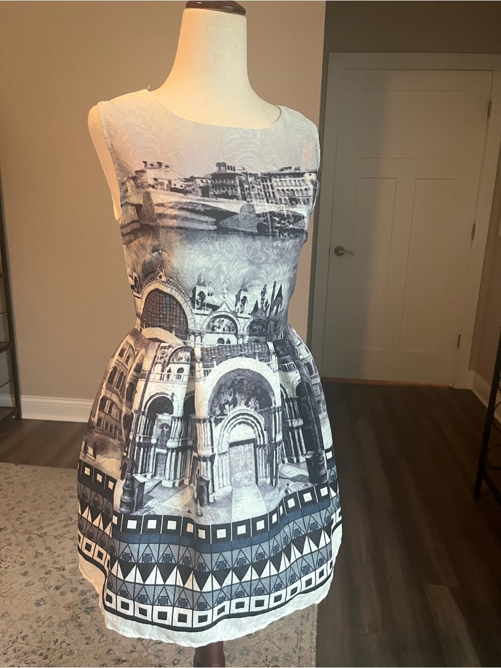 Women's Gray & White Printed Sleeveless Fit-and-Flare Mini Dress